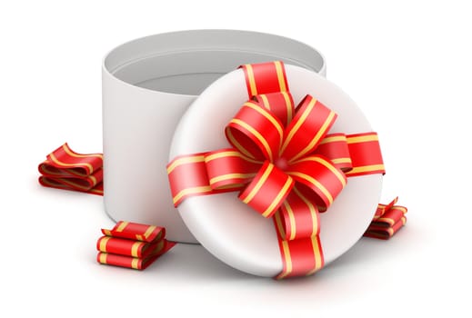 Opened  round white gift box with  ribbons on white background