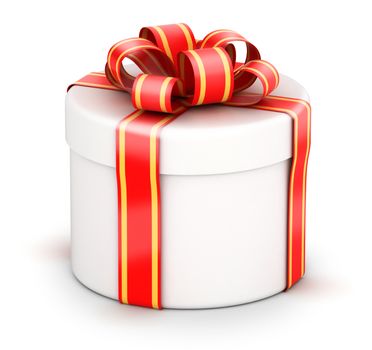 Round white gift box with red ribbons on white background