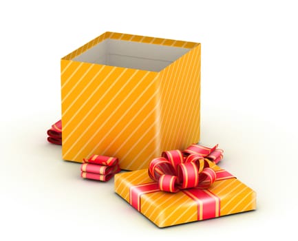 Open  gold gift box with gold ribbons on white background