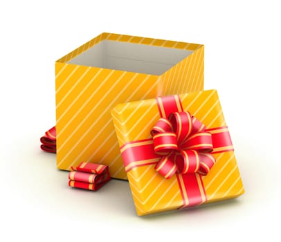 Open gold gift box with gold ribbons on white background