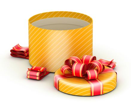 Open  round gold gift box with gold ribbons on white background