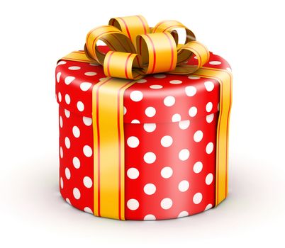Rounded cylinder red doted gift box with gold ribbons