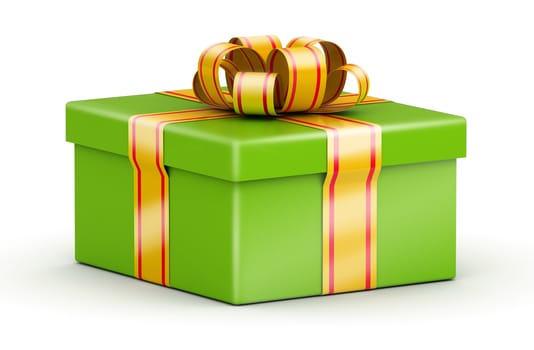 Green gift  with yellow ribbon on white background