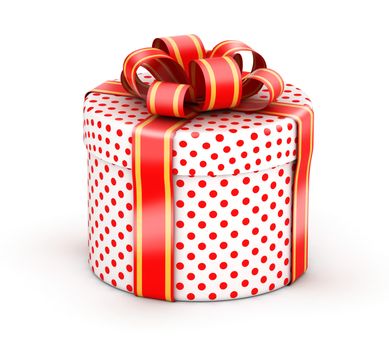 Rounded cylindrical gift  with red ribbons and red dot texture paper