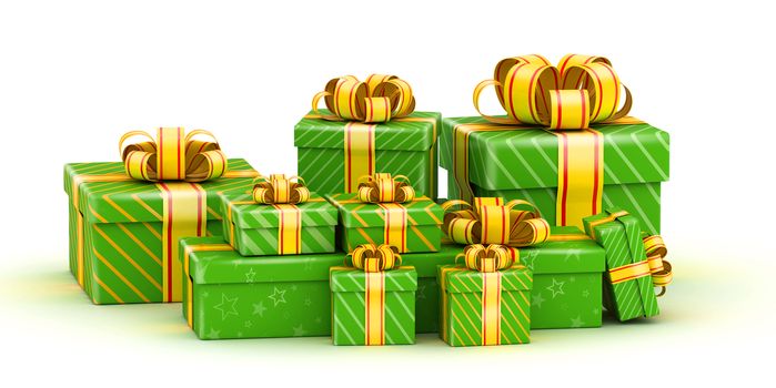 Pak of green gifts with yellow ribbon on white background