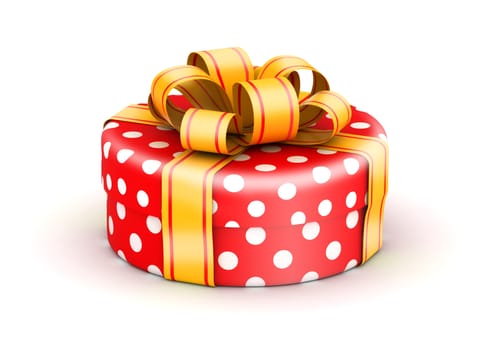 Rounded cylinder red doted gift box with gold ribbons