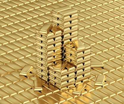 Shiny gold bars stacked on golden bars background