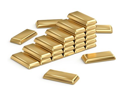 Shiny gold bars stacked an scattered on white background
