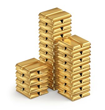 Shiny gold bars stacked on white background