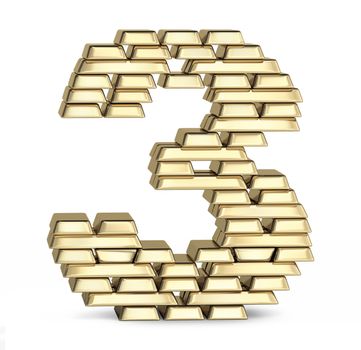 Number 3  from stacked gold bars on white background