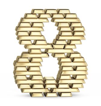 Number 8 from stacked gold bars on white background