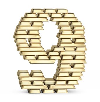 Number 9 from stacked gold bars on white background