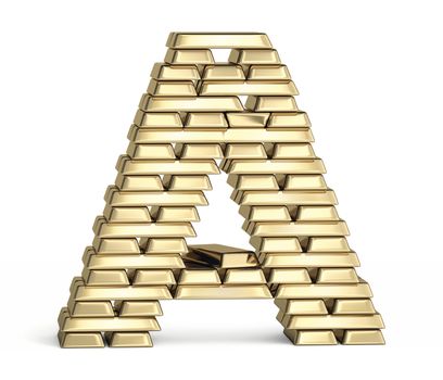 Letter A from stacked gold bars on white background