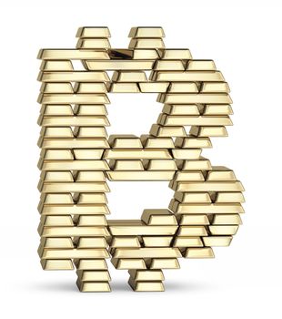 Bitcoin symbol from stacked gold bars on white background