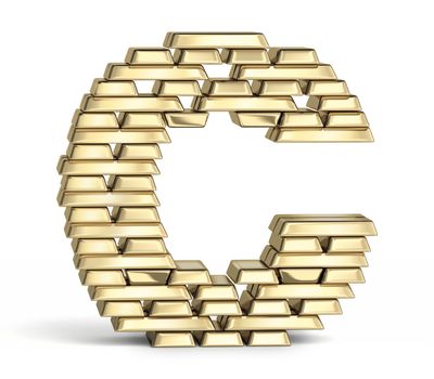 Letter C from stacked gold bars on white background