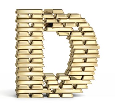 Letter D from stacked gold bars on white background