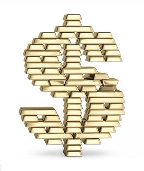 Dollar sign from stacked gold bars on white background