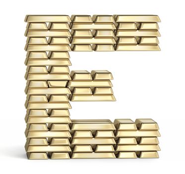 Letter E  from stacked gold bars on white background