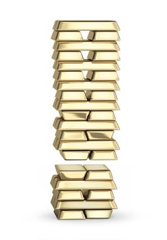 Exclamation mark from stacked gold bars on white background