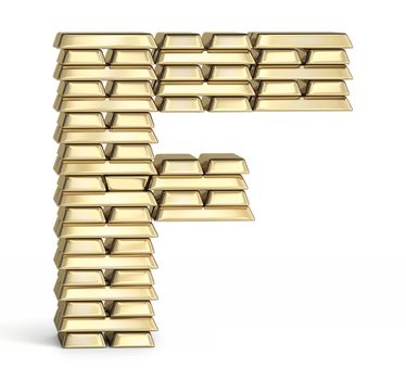 Letter F from stacked gold bars on white background