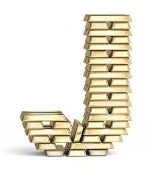 Letter J from stacked gold bars on white background