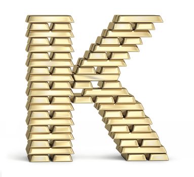 Letter K from stacked gold bars on white background