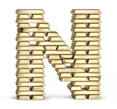 Letter N from stacked gold bars on white background
