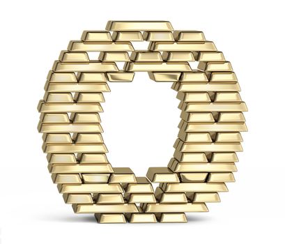 Letter O from stacked gold bars on white background