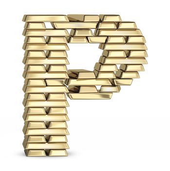 Letter P  from stacked gold bars on white background