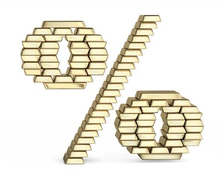 Percent sign from stacked gold bars on white background