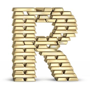 Letter R from stacked gold bars on white background