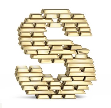 Letter S from stacked gold bars on white background