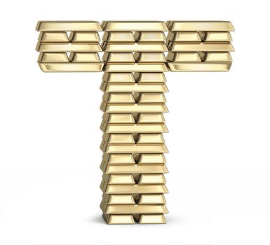 Letter T from stacked gold bars on white background