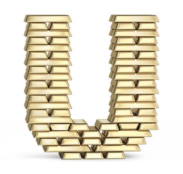 Letter  U from stacked gold bars on white background