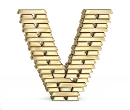 Letter V from stacked gold bars on white background