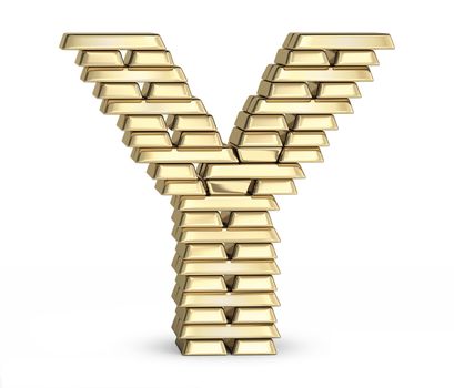 Letter Y from stacked gold bars on white background