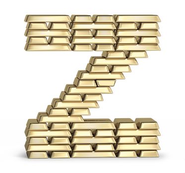 Letter Z from stacked gold bars on white background