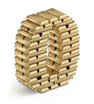 Number 0  from stacked gold bars on white background