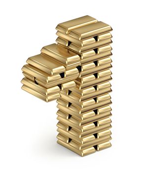 Number 1 from stacked gold bars  3d in isometric on white background