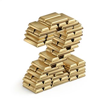 Number 2  from stacked gold bars  3d in isometric on white background