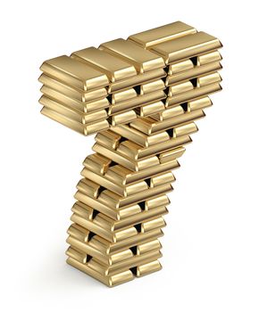 Number 7 from stacked gold bars  3d in isometric on white background