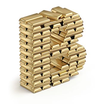 Letter B from stacked gold bars 3d in isometric on white background