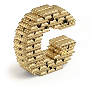 Letter C from stacked gold bars 3d in isometric on white background