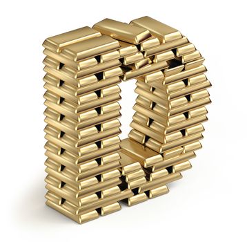 Letter D from stacked gold bars 3d in isometric on white background