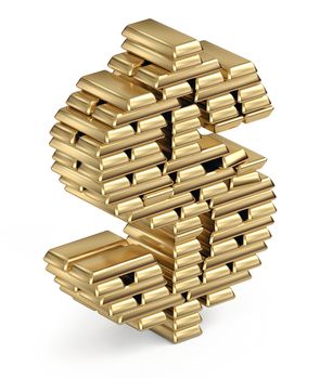 Dollar sign from stacked gold bars 3d in isometric on white background