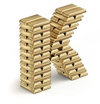 Letter K from stacked gold bars 3d in isometric on white background