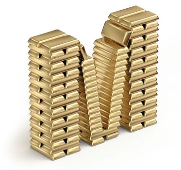Letter M from stacked gold bars 3d in isometric on white background