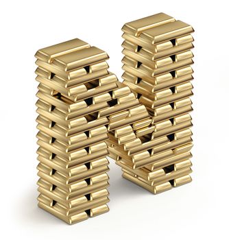 Letter N from stacked gold bars 3d in isometric on white background