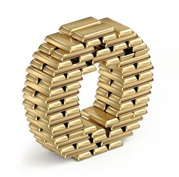 Letter O from stacked gold bars 3d in isometric on white background