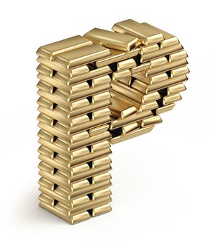 Letter P from stacked gold bars 3d in isometric on white background